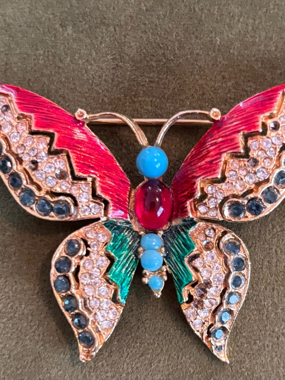Four Assorted Butterfly and Floral Brooches - Green, Red, Blue, Silver Accents - Picture 3 of 9